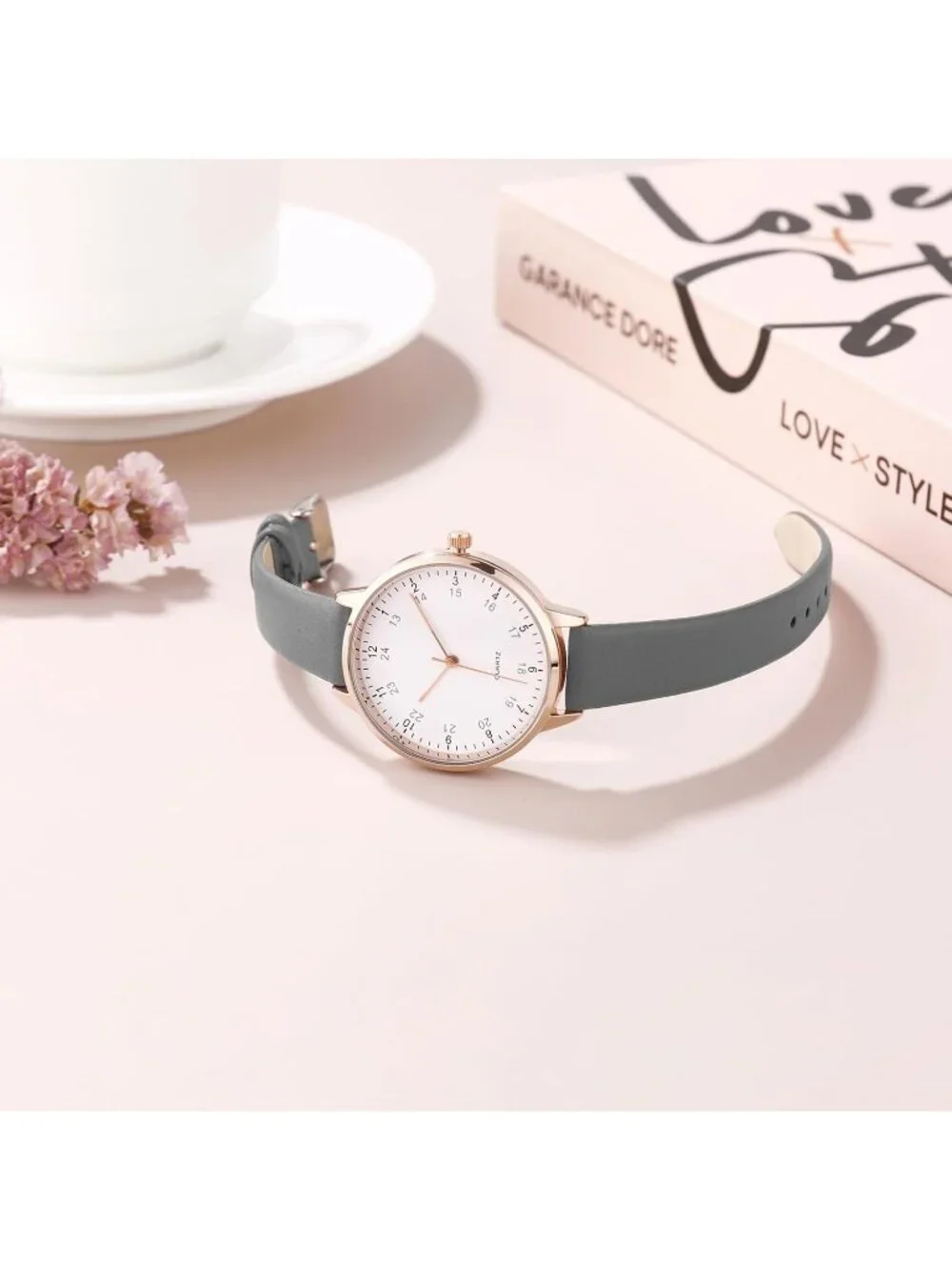 Women's Grey White Dainty Analog Leather Waterproof Reloj Para Mujer Wrist Watch